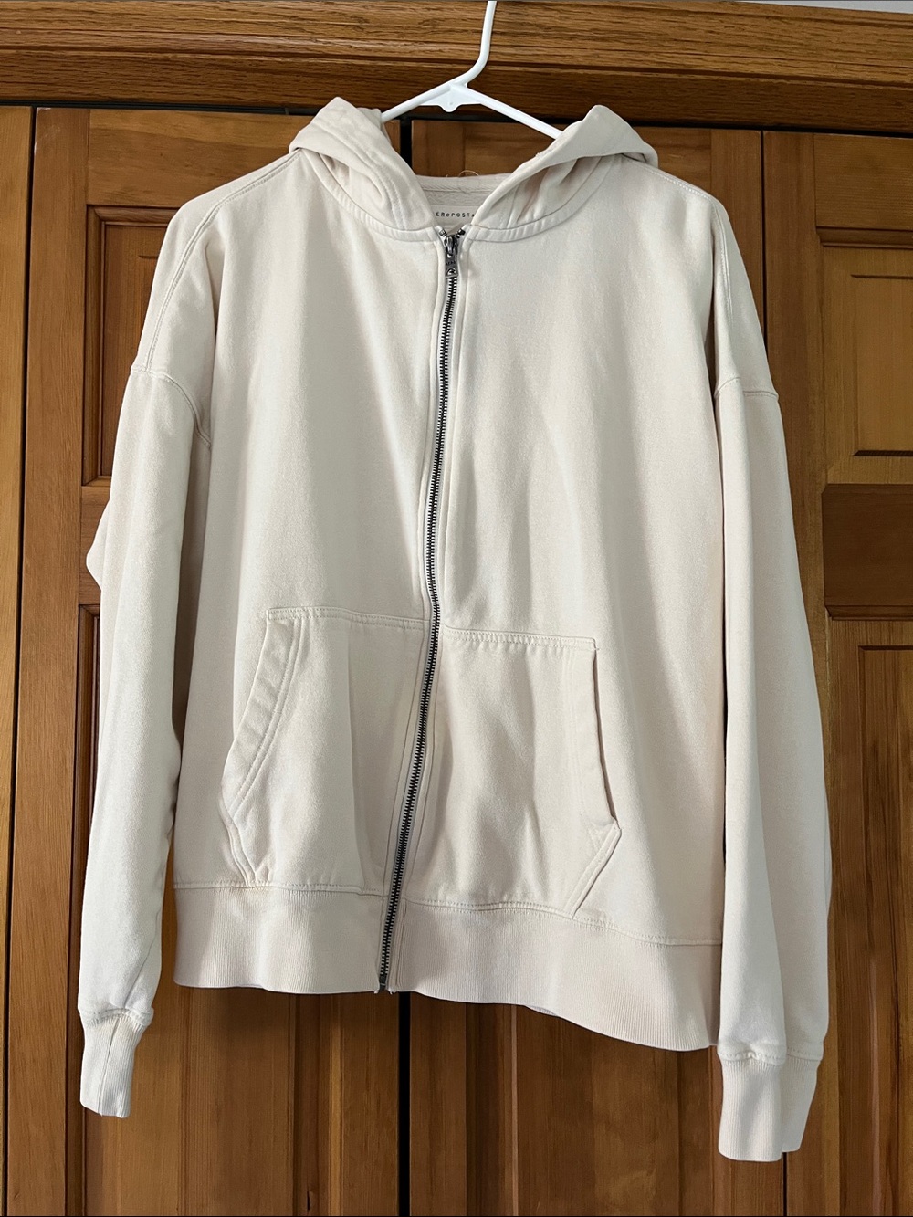 Aeropostale Light Beige Full-Zip Hooded Cotton Sweatshirt